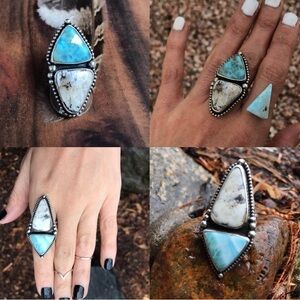 Large Larimar and rare white lrg buffalo turquoise custom made .925 ring size 7